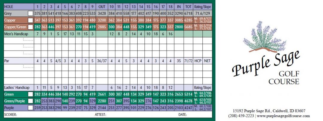 Scorecard Purple Sage Golf Course Scorecard Purple Sage Golf Course